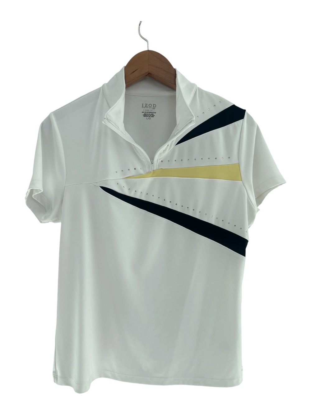 IZOD Golf Women’s White Performance Polo with Black and Yellow Accents